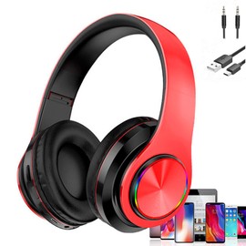 Bluetooth Headphones LED Lights, Colorful Wireless Over Ear Headset for Kids, Built-in Mic, HIFI Stereo Foldable Lightweight Wired Headphones, for Classroom, Home, Gift, Tablet, Adult, Game(Red)