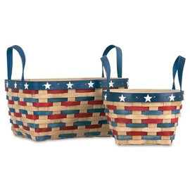 Patriotic Baskets Set of 2, Larger is 10 1/2 x 5 1/2 x 8 1/2"; smaller is 7 x 4 1/2 x 7, woven bamboo, durable handles, Kitchen, Office, Home Décor, by Current