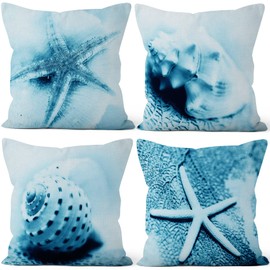 Aoihrraan 18 x 18 Inch Sea Theme Cushion Covers Starfish Conch Shells Sailing Ocean Print Square Linen Throw Pillow Covers Home Decorative For Bedroom Indoor Outdoor Sofa Couch, 46x46cm Set of 4