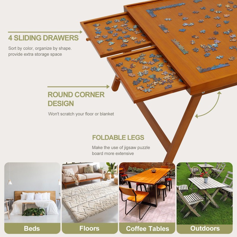 TEAKMAMA 1500 Piece Wooden Jigsaw Puzzle Board with 4 Drawers,