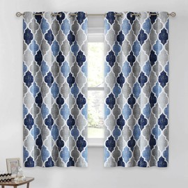Beauoop 100% Blackout Curtains 45 Inches Long 2 Panels for Bedroom Living Room Blue Grey Moroccan Geo Room Darkening Thermal Insulated Soundproof Grommet Top Window Treatments Drapes, 50x45 Set of 2