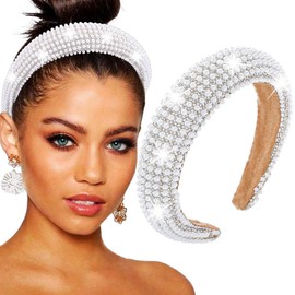 Bafuny White Pearl Headband Glitter Rhinestone Hairbands Padded Wide Head Bands Wedding Headpieces for Women and Bridal