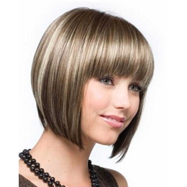 Kalyss Brown Blonde mixed Highlights Color Short Bob Wig for Women Yaki Straight Synthetic Full Hair Wig with Bangs(Brown Blonde)