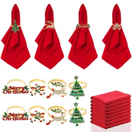 16 PCS Christmas Napkins and Ring Set, 8 Christmas Napkin Rings and 8 Red Christmas Napkins Cloth for Winter Christmas Holiday Dinner Party Table Decoration, Thanksgiving Table Decorations