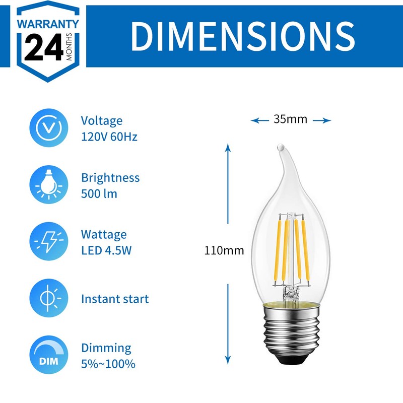 ANWIO Flame Tip LED Filament Bulb Candelabra E26 Base, Dimmable