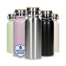 Stainless Steel Water Bottle 500 ml 'Cascada' - Double-Walled Insulated Bottle Keeps Drinks Cool for Hours - Leak-proof Bottle for Work, Sports & Hiking - Water Bottle with Handle, Colour: Silver