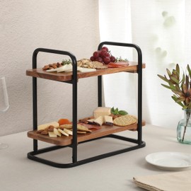 Gibson Home Gracious Dining 2-Tier Wooden Serving Tray with Metal Frame – Acacia Wood Rectangle Charcuterie Board, Cheese Platter, Dessert Display Stand for Buffet, Kitchen, Dining, or Events