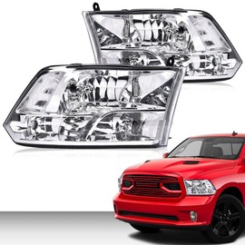 CROSSDESIGN Headlights Assembly Compatible with Dodge Ram 1500 2500 3500 2009 2010 2011 2012 bumper Headlamp Clear lens Chrome Housing Clear Reflector(Not Fit Dual Beam，Not Fit One Hole)