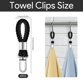 Jeqqinuz 6 Pack Towel Clips for Kitchen, Hanging Tea Towel Clip with Braided Cotton Loop, Metal Holders Set for Home Bathroom Use, Kitchen Clip Hangers for Cupboards, Oven Handle Wall Hooks, Black
