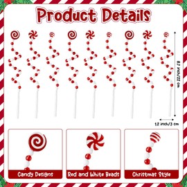 W1cwey 30pcs Christmas Candy Curly Picks, Red & White Candy Picks Vase Filler Christmas Tree Decor, Christmas Lollipop Candy Shape Ornaments for Wreath DIY Craft Christmas Tree Topper
