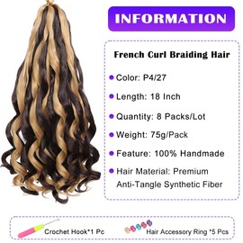 French Curly Braiding Hair 8 Packs Loose Wavy Braiding Hair Pre Stretched Bouncy Synthetic French Curl Braiding Hair Extensions for Women (4/27#, 18 Inch)