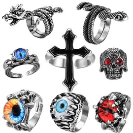 Juego de 10 anillos punk clásico para hombres y mujeres, anillos góticos plateados y negros, garra de serpiente, calavera de pulpo y ojos del infierno, Aleación, plata, Zirconia cúbica