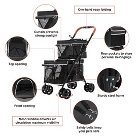LPOTIUS Double Pet Stroller for Dogs and Cats, One-Hand Folding Dog Stroller Travel Carriage for Small Medium Dogs Cats, 4 Wheels, Black
