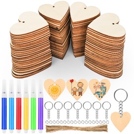 Hengxinc 100 Pcs Wooden Hearts for Crafting, 4cm Wooden Keyring Blanks with 10m Twine, Unfinished Wooden Craft Shapes with Hole Wooden Tags Make Your Own Keyrings DIY Keyrings