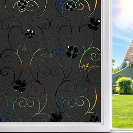 DUOFIRE Total Blackout Window Film, 100% Light Blocking Stained Glass Window Film Decorative, Flower Rainbow Window Film Room Darkening Removable Static Cling Window Cover for Home, 11.8 x 78.7 inches