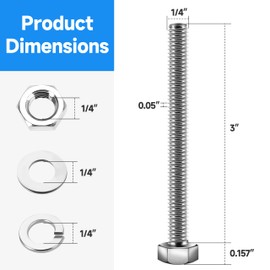 (12 Sets) 1/4-20 Bolt, 1/4-20 x 3 Hex Head Screws Bolts and Nuts Kit with 1/4-20 Nuts, Flat & Lock Washers, Fully Threaded, 1/4 20 Stainless Steel Bolts, Bright Finish by Marysino