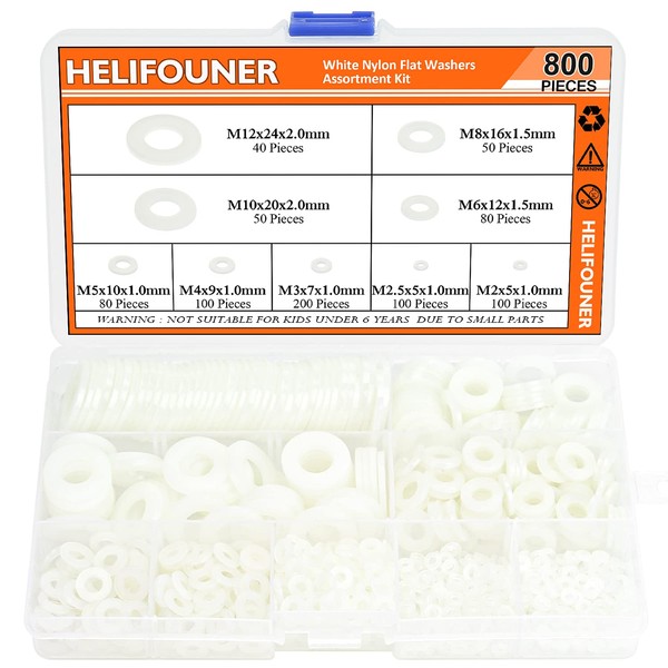 HELIFOUNER 800 Pieces 9 Sizes White Nylon Flat Washers Assortment