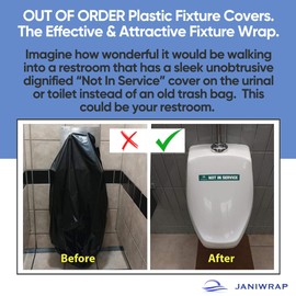 JaniWrap | Out of Order Urinal & Toilet Covers with "Not in Service" Labels | 32 Applications | Self Adhesive | Easy Application | Green & Grey Labels - Not in Service