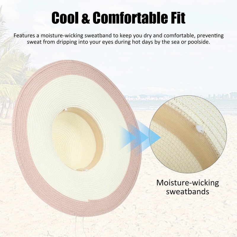 LY4U Women's Beach Sun Straw Hat with Chin Strap, Floppy