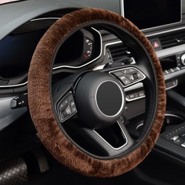 KAFEEK Elastic Long Microfiber Plush Steering Wheel Cover for Winter Warm, Universal 15 inch, Anti-Slip, Odorless, Brown