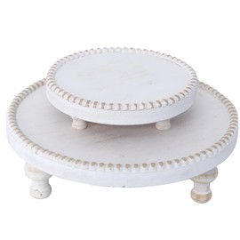 SwallowLiving Rustic Set of 2 White Round Wood Tray Riser Farmhouse Pedestal Stand with Beaded Edge for Decor Whitewash Finish Wooden Cupcake Display for Cakes and Decorative Items 11.8/7.5 inches