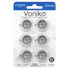 Voniko CR2032 3V Lithium Batteries 6 Pack for Child Safety, Compatible with AirTag, Key Fobs, Thermometers, Scales – 7 Years Shelf Life