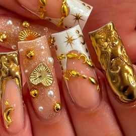 RUOKEXIN Gold Press on Nails Long Fake Nails Square False Nails with 3D Gold Heart Charms Designs French Tip Nail Press ons Sparkly Artificial Nails Cute Glue on Nails for Women 24Pcs