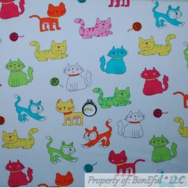 Michael Miller Fabrics BonEful Fabric FQ Cotton Quilt White Rainbow Cartoon Comic Kitty Cat Yarn Ball S