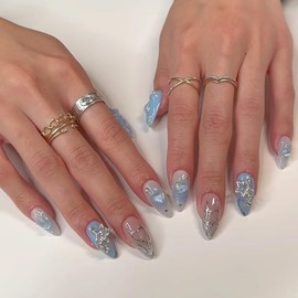 Blue Almond False Nails Press on Nails Medium Love Heart Fake Nails Artificial Acrylic Nails Silver Stars Rhinestones French Stick on Nails Full Cover Reusable Coffin Nails Glue on Nails for Women