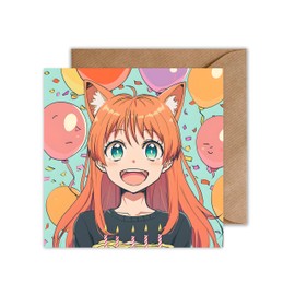 WBdesignz Anime Birthday Card with Envelope - Neko Girl Anime Birthday Congratulations Card Otaku Birthday Party Card (Square)
