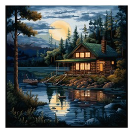 51buyoutgo Lakeside Landscape 11ct Cross Stitch, 11 Count Counted Stamped Pre Printed Cross Stitch Embroidery Kits for Adults Beginners Starter Advanced Easy Crossstitch Patterns Set 40 x 40 cm