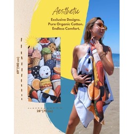 Demi Bravo Organic Cotton Beach Towel 28"-55" - Super Absorbent, Eco-Friendly Pool Towel for Camping & Vacation (Ice Cream)