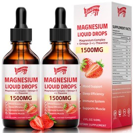 2 Pack Magnesium Glycinate Liquid Drops, 1500mg Magnesium Liquid Supplement with Vitamin B6, D3, L - Theanine, Omega3,Support Night, Muscle, Bone, Mood, Strawberry Flavor - 4 Fl Oz (120ml) Bottle