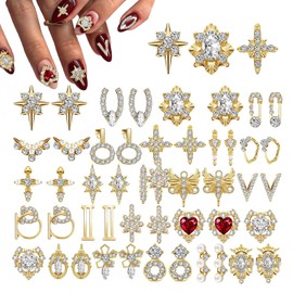 CharmeFleur Pack of 48 Charms Gold 3D Nail Gems Heart Rhinestone Glitter Diamonds Metal Crystals Jewellery Luxury Decoration with Storage Box for Women DIY Hand Beauty, 24 Styles