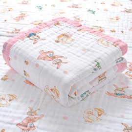Hivia Muslin Blanket, 6-Layer Cuddly Blanket, Baby Cotton, 110 x 110 cm, Muslin Baby Blanket, Swaddle Blanket, Soft Blanket for Bath Towel, Children's Blanket, Newborn, Unisex (Pink Rabbit)