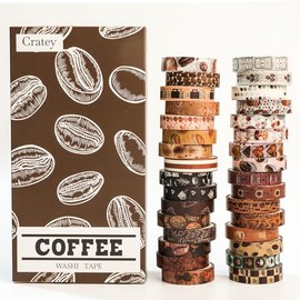Juego de 32 rollos de cinta Washi, cinta decorativa clásico con temática de café, retro, color café, acuarela, para suministros de diario, diario basura, álbumes de recortes, planificador