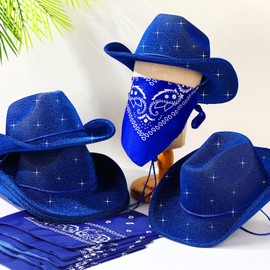 12 Pcs Sparkly Adults Cowboy Hat for Women Men Western Glitter Cowgirl Hats with Adjustable Drawstring Cowboy Party Bandana(Sapphire Blue)