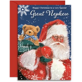 Great Nephew Christmas Card - Santa & Ted - Medium Sized Card (A5 Size -148mm x 210mm) with Envelope