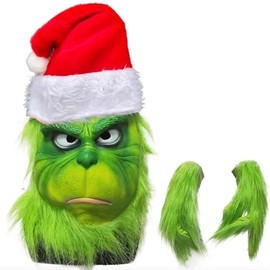 MIMIKRY Grinch Latex Mask with Santa Hat Plus Gloves for Adults Christmas Film Christmas Mask
