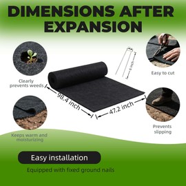 RRubber Mulch Mat Roll 98''x47' Commercial Grade | Nonwoven Weed Barrier Fabric for Garden Pathways, Vegetable & Flower Beds, Outdoor Playgrounds | Black Landscape Ground Cover（1pcs）