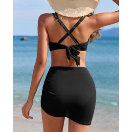 Charmo Women V Neck High Waisted Bikini Skirt Set Tummy Control Swimsuits Athletic Drawstring Bathing Suit Black L