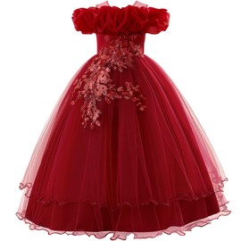 Flower Girl Dresses Lace Embroidery Off The Shoulder Tulle Dress Communion Pageant Wedding Bridesmaid Dance Gown