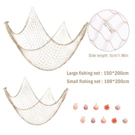 Fonyet Fishing Net Decoration with Shells 2 Pieces Beach Theme Fishing Net Decoration Wall Decoration for Party Home Living Room Bedroom (200 x 150 cm & 200 x 100 cm)