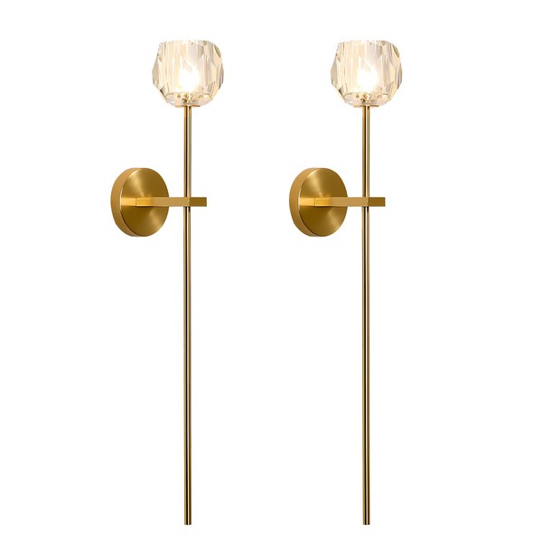 BOKT Mid Century Modern Gold Crystal Wall Sconce Set of Two Brushed Brass Gold Long Wall Sconce Lighting Set of 2 Vintage Rustic Clear Glass Wall Lamp for Bedroom Bedside