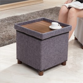 15 Inch Storage Ottoman with Wooden Legs - Cube Foot Rest Stool, Square Footstool, Comfortable Seat with Lid, Foldable Fabric Ottoman, Space-Saving Grey