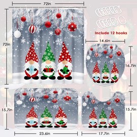 Bribay 4 Piece Shower Curtain Sets, Merry Christmas Red Gnomes Cute Funny Green with Non-Slip Rugs, Toilet Lid Cover and Bath Mat, for Bathroom Decor Set, 72" x 72"