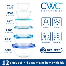 COOK WITH COLOR 12 Pc Glass Mixing Bowl Set with Lids – Borosilicate Glass Nesting Bowls for Cooking, Baking and Meal Prep, Blue