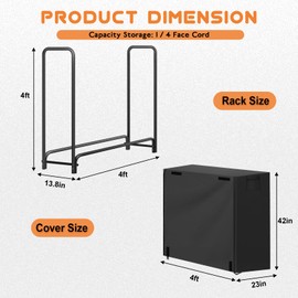 Gtongoko 4FT Firewood Rack Outdoor with Cover, Heavy Duty Wood Storage Racks with 600D Oxford Weather Resistant Waterproof Fabric Cover, Outdoor Firewood Holder