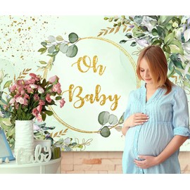 Sensfun Sage Green Baby Shower Backdrop Neutral Baby Shower Decorations Greenery Eucalyptus Gold Oh Baby Banner Photography Background for Boy Girl Gender Reveal Party Supplies Photo Booth Props 7x5ft