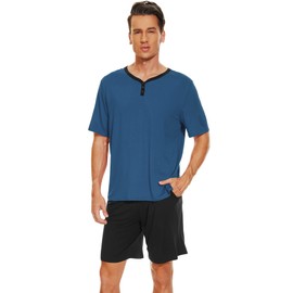 WiWi - Conjunto de pijama para hombre de viscosa de bambú de manga corta y pantalones cortos de pijama, ropa de dormir suave con bolsillos, S-XXL, B-prussian Blue/Black, Medium